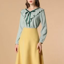 Allegra K Women's Long Sleeve Chiffon Casual Tie V Neck Ruffled Blouse Tops