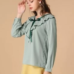 Allegra K Women's Long Sleeve Chiffon Casual Tie V Neck Ruffled Blouse Tops