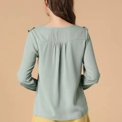 Allegra K Women's Long Sleeve Chiffon Casual Tie V Neck Ruffled Blouse Tops