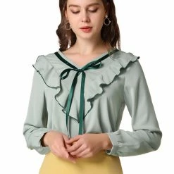 Allegra K Women's Long Sleeve Chiffon Casual Tie V Neck Ruffled Blouse Tops