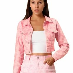 Allegra K Women's Camo Crop Jacket Button Down Long Sleeve Trucker Jacket