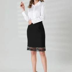 Allegra K Women's Lace Hem Work Office Elastic Waist Back Above Knee Straight Belted Skirt