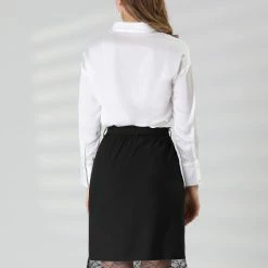 Allegra K Women's Lace Hem Work Office Elastic Waist Back Above Knee Straight Belted Skirt