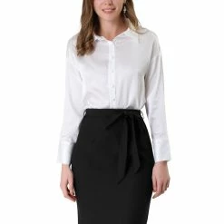 Allegra K Women's Lace Hem Work Office Elastic Waist Back Above Knee Straight Belted Skirt