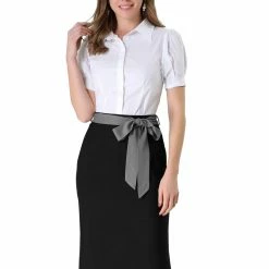 Allegra K Women's High Waisted Work Office Contrast Color Belted Midi Skirt