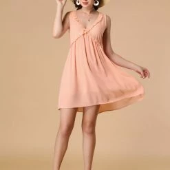 Allegra K Women's Ruffle V Neck Cross Front A-Line Sleeveless Flowy Dress