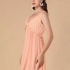 Allegra K Women's Ruffle V Neck Cross Front A-Line Sleeveless Flowy Dress