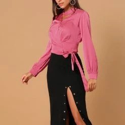 Allegra K Women's Bow Tie Waist Satin Stand Collar Bubble Sleeve Wrap Peplum Top 13 Allegra K Women's Bow Tie Waist Satin Stand Collar Bubble Sleeve Wrap Peplum Top