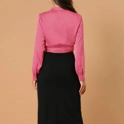 Allegra K Women's Bow Tie Waist Satin Stand Collar Bubble Sleeve Wrap Peplum Top 14 Allegra K Women's Bow Tie Waist Satin Stand Collar Bubble Sleeve Wrap Peplum Top