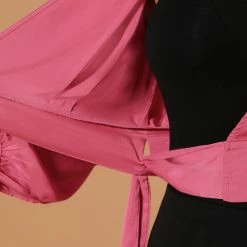 Allegra K Women's Bow Tie Waist Satin Stand Collar Bubble Sleeve Wrap Peplum Top 15 Allegra K Women's Bow Tie Waist Satin Stand Collar Bubble Sleeve Wrap Peplum Top