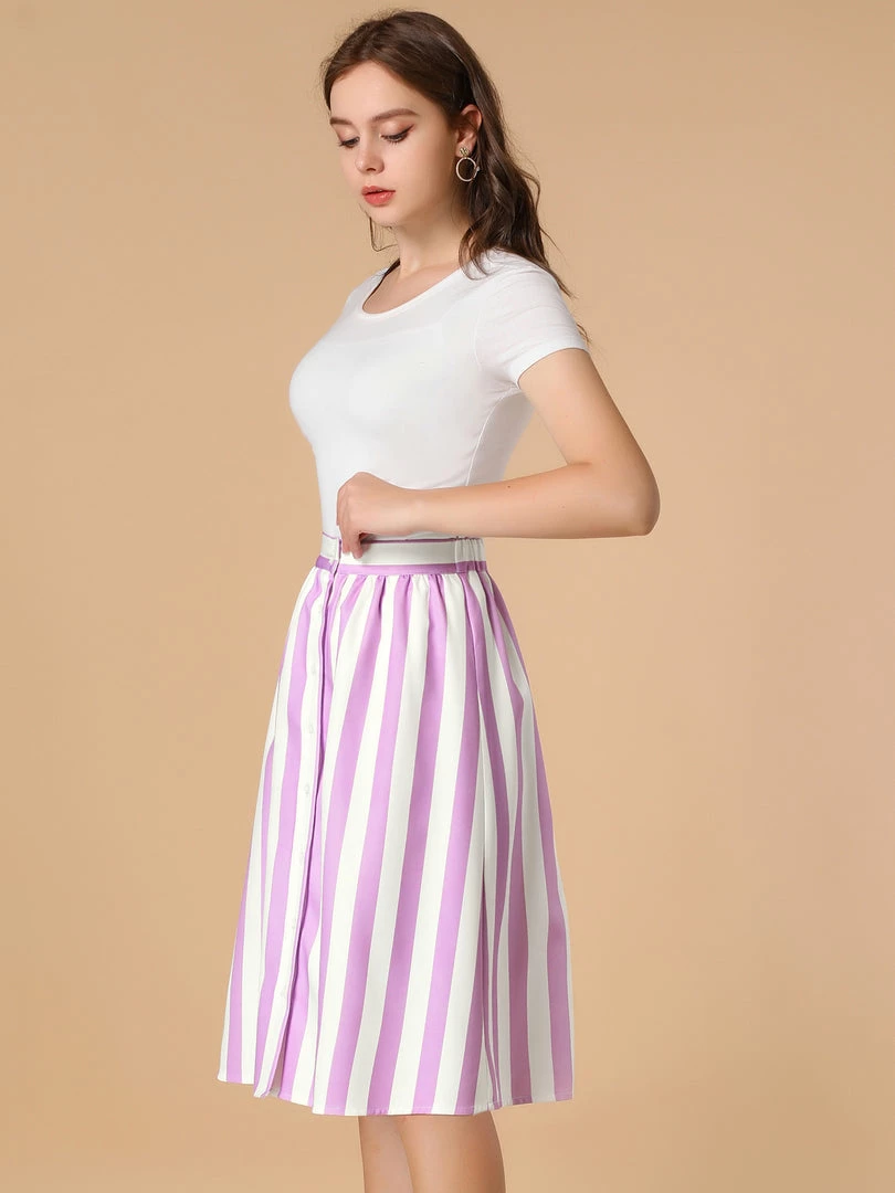 Allegra K Women's Stripes Button Front Elastic Back A Line Midi Skirt 30 Allegra K Women's Stripes Button Front Elastic Back A Line Midi Skirt