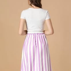 Allegra K Women's Stripes Button Front Elastic Back A Line Midi Skirt 92 Allegra K Women's Stripes Button Front Elastic Back A Line Midi Skirt