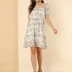 Allegra K Women's Floral Bubble Sleeve Square Neck Dress