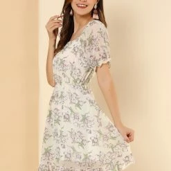 Allegra K Women's Floral Bubble Sleeve Square Neck Dress