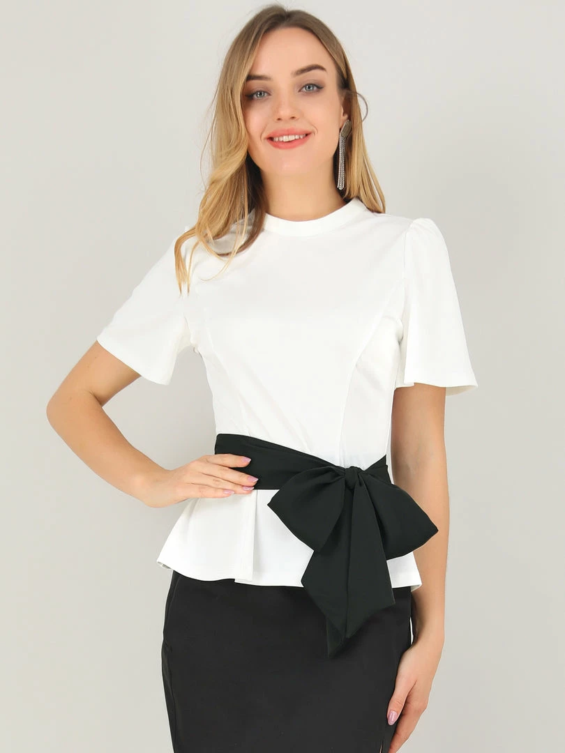 Allegra K Women's Tie Waist Short Sleeve Keyhole Back Round Neck Belted Shirts Top Blouse 5 Allegra K Women's Tie Waist Short Sleeve Keyhole Back Round Neck Belted Shirts Top Blouse