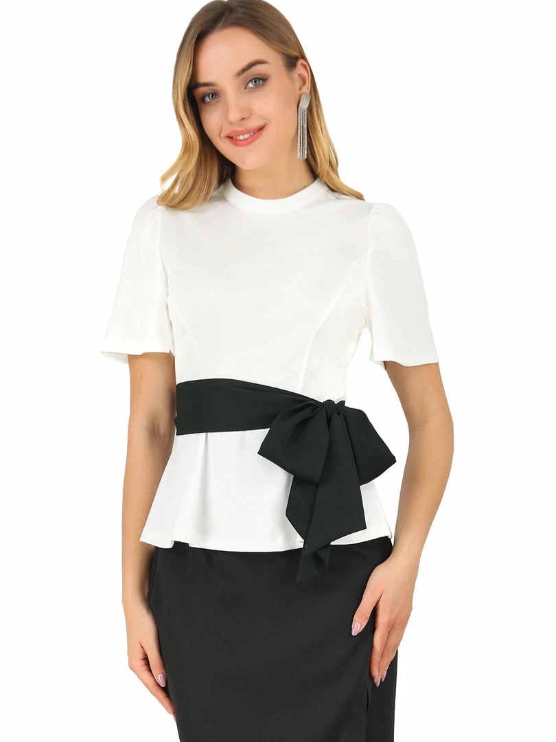 Allegra K Women's Tie Waist Short Sleeve Keyhole Back Round Neck Belted Shirts Top Blouse 4 Allegra K Women's Tie Waist Short Sleeve Keyhole Back Round Neck Belted Shirts Top Blouse