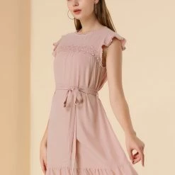 Allegra K Women's Cap Sleeve Tie Belt Ruffle Hem Dress