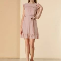 Allegra K Women's Cap Sleeve Tie Belt Ruffle Hem Dress