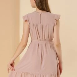 Allegra K Women's Cap Sleeve Tie Belt Ruffle Hem Dress