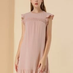 Allegra K Women's Cap Sleeve Tie Belt Ruffle Hem Dress