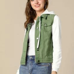 Women Allegra K Washed Denim Jacket With A Hood And Sleeves In Sweatshirt Fabric 63 Women Allegra K Washed Denim Jacket With A Hood And Sleeves In Sweatshirt Fabric