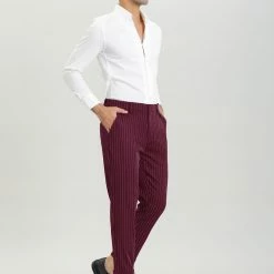 Allegra K Men's Dress Pants Slim Fit Vertical Stripes Flat Front Chino Pants Trousers
