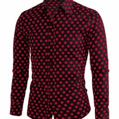 Allegra K Tops Men's Polka Dots Long Sleeve Slim Fit Printed Dress Button Down Shirt