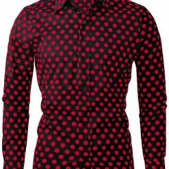 Allegra K Tops Men's Polka Dots Long Sleeve Slim Fit Printed Dress Button Down Shirt