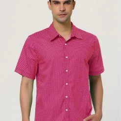 Allegra K HZ160403 Men Short Sleeves Cotton Polka Dots Button Up Shirt