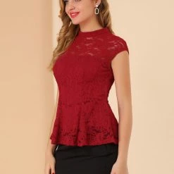 Allegra K Women's Lace Floral Crochet Round Neck Sleeveless Blouse Peplum Top