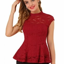 Allegra K Women's Lace Floral Crochet Round Neck Sleeveless Blouse Peplum Top