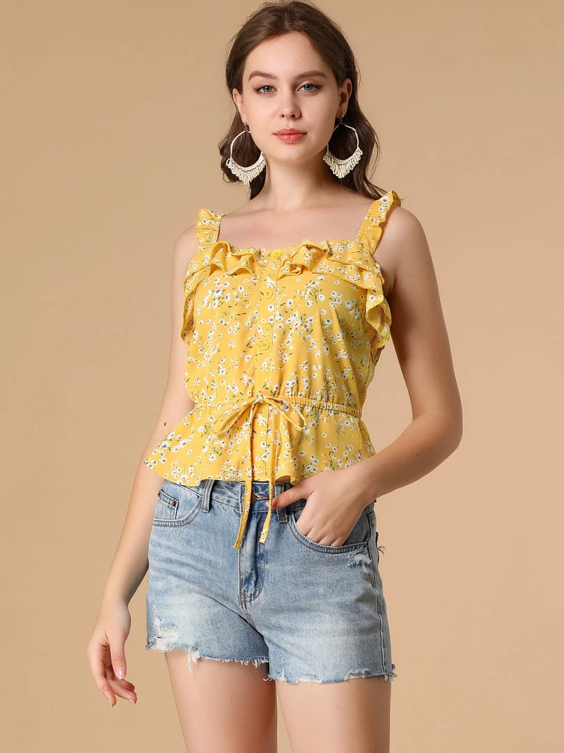 Allegra K Women's Floral Tie Waist Ruffled Strap Tank Top Peplum Blouse 6 Allegra K Women's Floral Tie Waist Ruffled Strap Tank Top Peplum Blouse