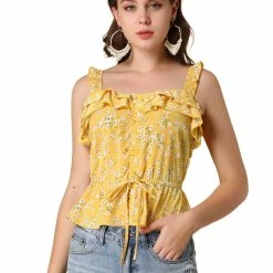Allegra K Women's Floral Tie Waist Ruffled Strap Tank Top Peplum Blouse