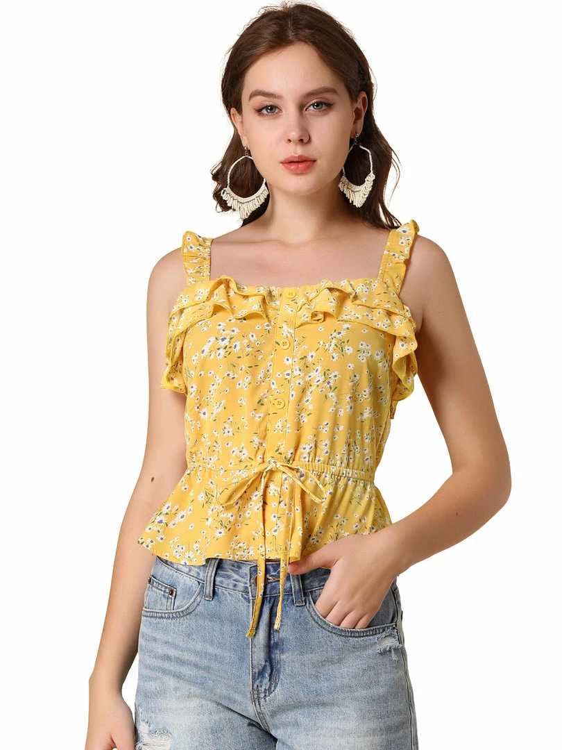 Allegra K Women's Floral Tie Waist Ruffled Strap Tank Top Peplum Blouse 4 Allegra K Women's Floral Tie Waist Ruffled Strap Tank Top Peplum Blouse