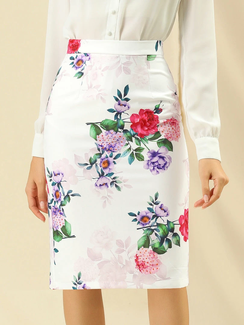 Allegra K Women's Floral Print Pencil Knee Length Skirt 5 Allegra K Women's Floral Print Pencil Knee Length Skirt