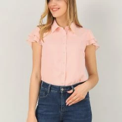 Allegra K Women's Chiffon Top Blouse Turn Down Collar Layers Short Sleeve Button Up Shirt