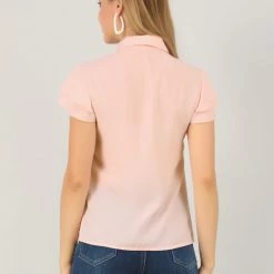 Allegra K Women's Chiffon Top Blouse Turn Down Collar Layers Short Sleeve Button Up Shirt