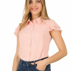 Allegra K Women's Chiffon Top Blouse Turn Down Collar Layers Short Sleeve Button Up Shirt