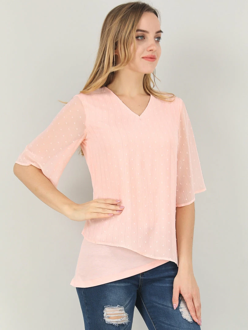 Allegra K Women's Bell Sleeve Double-Layered Asymmetrical Hem V Neck Swiss Dots Blouse Tops 5 Allegra K Women's Bell Sleeve Double-Layered Asymmetrical Hem V Neck Swiss Dots Blouse Tops