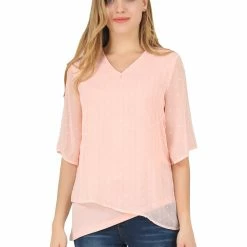 Allegra K Women's Bell Sleeve Double-Layered Asymmetrical Hem V Neck Swiss Dots Blouse Tops