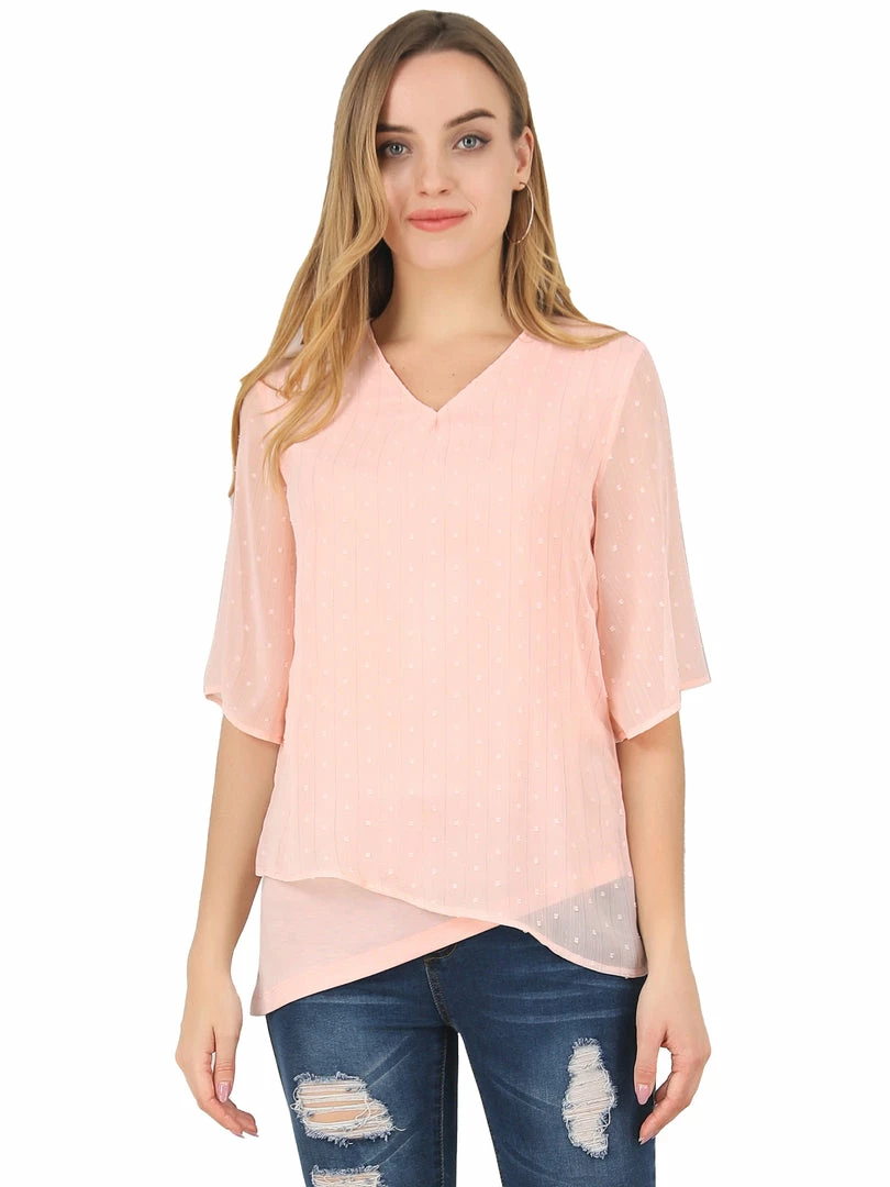 Allegra K Women's Bell Sleeve Double-Layered Asymmetrical Hem V Neck Swiss Dots Blouse Tops 4 Allegra K Women's Bell Sleeve Double-Layered Asymmetrical Hem V Neck Swiss Dots Blouse Tops