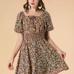 Allegra K Women's Floral Print Square Neck Dresses A-Line Smocked Waist Puff Sleeve Mini Dress