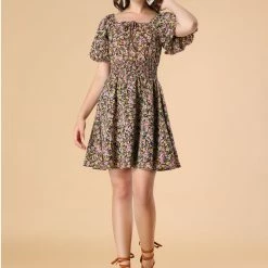 Allegra K Women's Floral Print Square Neck Dresses A-Line Smocked Waist Puff Sleeve Mini Dress