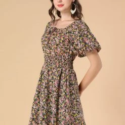 Allegra K Women's Floral Print Square Neck Dresses A-Line Smocked Waist Puff Sleeve Mini Dress