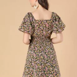 Allegra K Women's Floral Print Square Neck Dresses A-Line Smocked Waist Puff Sleeve Mini Dress