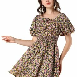 Allegra K Women's Floral Print Square Neck Dresses A-Line Smocked Waist Puff Sleeve Mini Dress
