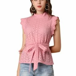 Allegra K Women's Ruffle Cap Sleeve Frill Mock Neck Eyelet Tie Waist Blouse Top 11 Allegra K Women's Ruffle Cap Sleeve Frill Mock Neck Eyelet Tie Waist Blouse Top