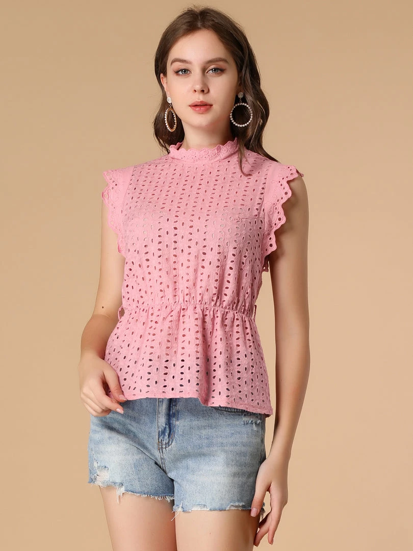 Allegra K Women's Ruffle Cap Sleeve Frill Mock Neck Eyelet Tie Waist Blouse Top 8 Allegra K Women's Ruffle Cap Sleeve Frill Mock Neck Eyelet Tie Waist Blouse Top