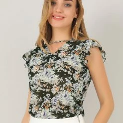 Allegra K Women's Ruffled Cap Sleeve Tops Keyhole V Neck Floral Blouse 11 Allegra K Women's Ruffled Cap Sleeve Tops Keyhole V Neck Floral Blouse