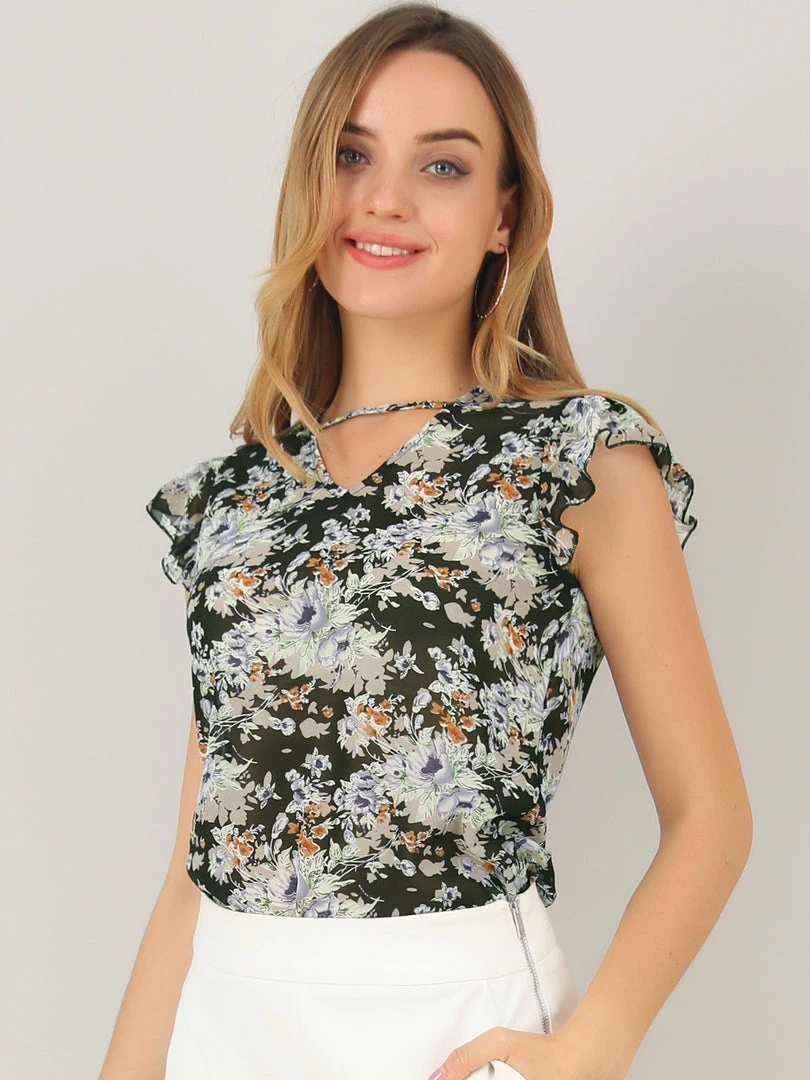 Allegra K Women's Ruffled Cap Sleeve Tops Keyhole V Neck Floral Blouse 5 Allegra K Women's Ruffled Cap Sleeve Tops Keyhole V Neck Floral Blouse